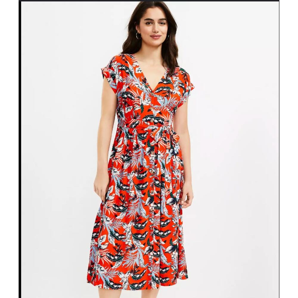 Loft Ann Taylor Botanical Button Tie Waist Midi Dress 8